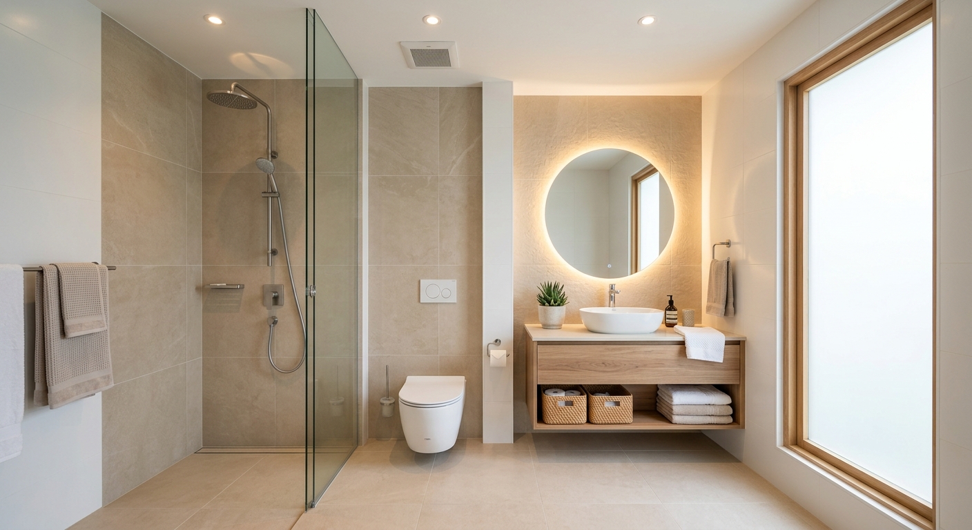 Bilik mandi selepas renovasi penuh dengan jubin baharu dan shower screen di rumah Malaysia